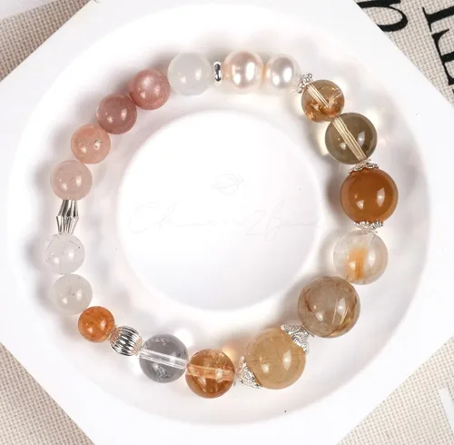 Vista 51 de Precious Gemstone Natural Crystal Healing Bracelet, Rutilated Quartz, Moonstone, Quartz Handmade Original Design Bracelet