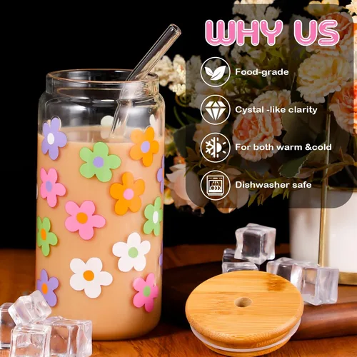 Vista 3 de Cunhill 2 juegos de regalos estéticos de margaritas, taza de café helado, bonitas tazas de vidrio con tapas y pajitas, tazas lindas, taza de flores