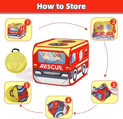 Vista 6 de KORIMEFA Tienda de campaña grande para camiones de bomberos para niños Rojo