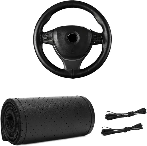Vista 7 de Funda de Volante de Cuero Genuino, Envoltura con Costura para Volante de hasta Diámetro 15 Pulgadas, Protector de Volante de Costura DIY, Accesorios