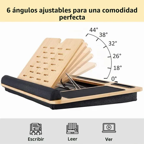 Vista 3 de Soporte plegable de madera para laptop para escritorio – Lapdesk ajustable y portátil con almohadilla – Elevador de laptop ergonómico de madera