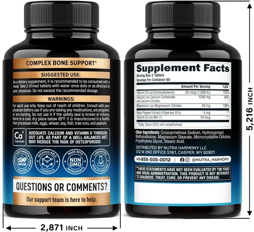 Vista 2 de Calcio 1200 mg con vitamina D3 - Suplementos de citrato de calcio para mujeres y hombres - Salud ósea, fuerza y densidad - Alta absorción