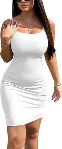 Vista 2 de YFANG Vestido corto casual sin mangas para mujer, vestido básico sin mangas para club