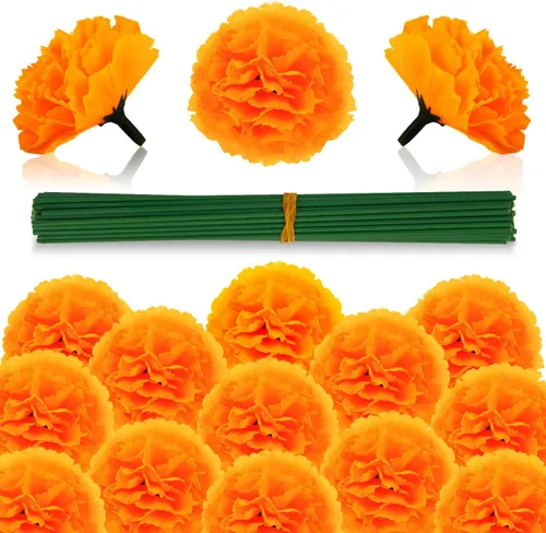 Vista 7 de Labeol 50 piezas de flores de caléndula artificiales, cabezas de flores de caléndula a granel, decoración mexicana, guirnalda de caléndula de seda