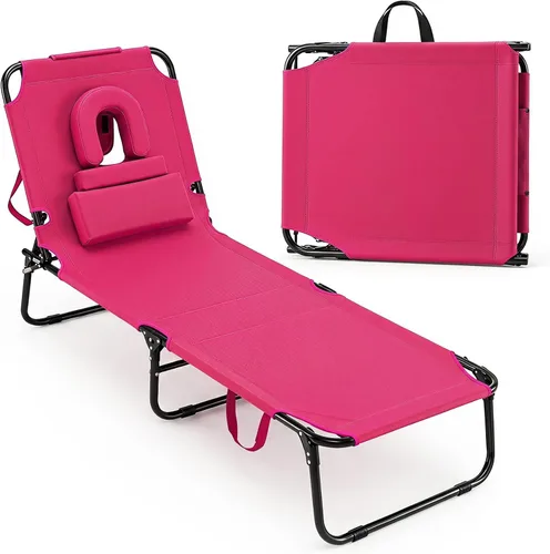 Vista 12 de GYMAX Silla bronceadora, sillas plegables con orificio para la cara y funda, asa de transporte de almohada extraíble, portátil, compacta, diseño al