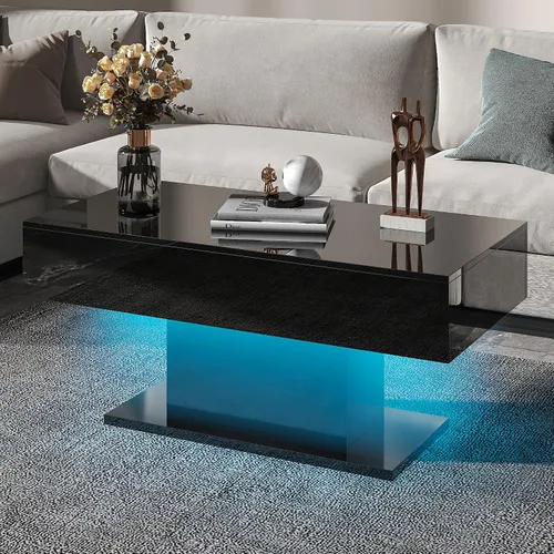 Vista 9 de HedoAjim - Mesa de café LED para sala de estar, mesa rectangular central de sala de estar, mesas de café modernas de madera con alto brillo y luces