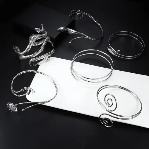 Vista 3 de Sanfenly 6 piezas de brazalete de brazo superior de serpiente, brazalete abierto ajustable para mujer