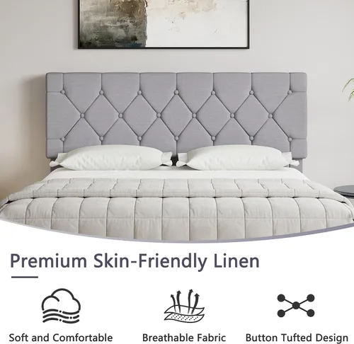 Vista 4 de VECELO Base de cama tamaño Queen con cabecera capitoné con botones, plataforma tapizada con soporte de listones de madera, no necesita somier