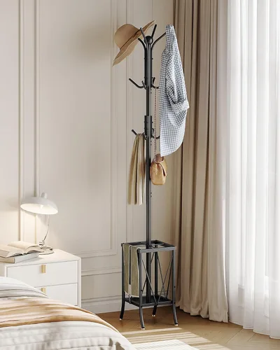 Vista 4 de CHOEZON Perchero independiente, perchero con soporte para paraguas, soporte de entrada con 12 ganchos, árbol de pasillo de metal para bolsos
