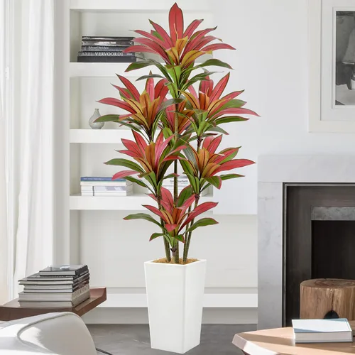Vista 11 de Roselywed - Árbol de Dracaena artificial rojo de 5 pies, 90 hojas y maceta Maceta alta gris