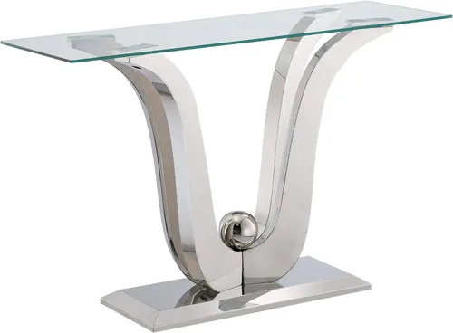 Vista 8 de 1 mesa de consola para sala de estar, mesa de entrada de cristal de lujo, moderna mesa de consola plateada con base de pedestal de acero inoxidable