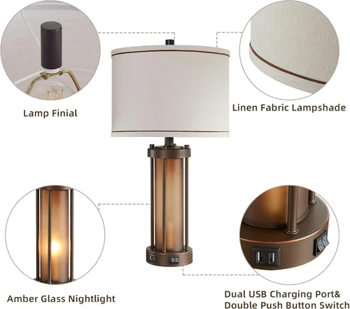 Vista 5 de Juego de 2 lámparas de mesa de estilo granja para sala de estar con 2 puertos de carga USB, lámparas rústicas vintage para mesita de noche con luz