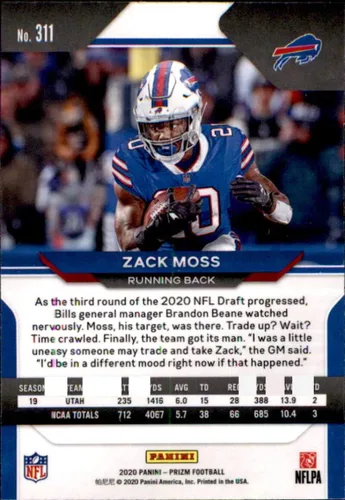 Vista 2 de 2020 Panini Prizm #311 Zack Moss Buffalo Bills Rookie Football Card