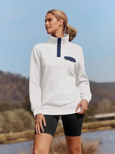 Vista 2 de MEROKEETY sudadera de manga larga con cuello en V y botones acolchados con retazos para mujer.