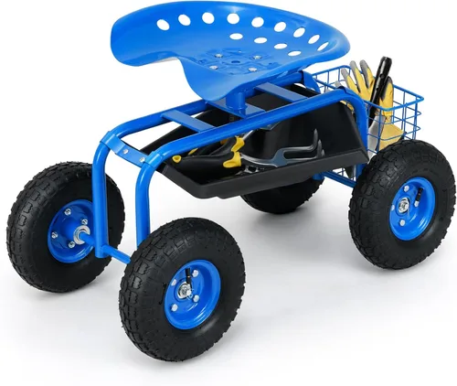 Vista 10 de Giantex Asiento de trabajo de jardín rodante, asiento de trabajo de jardinería giratorio 360 con ruedas, cesta de herramientas, altura ajustable