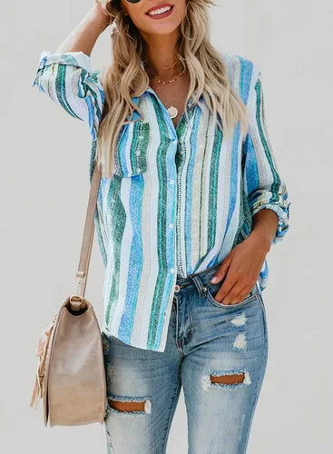 Vista 3 de Astylish - Blusa con cuello en V, rayas, mangas enrollables y botones para mujer