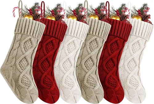 Vista 17 de Fesciory Calcetines de Navidad, paquete de 6 calcetines de punto grandes de 18 pulgadas y decoración para fiestas familiares de Navidad, borgoña