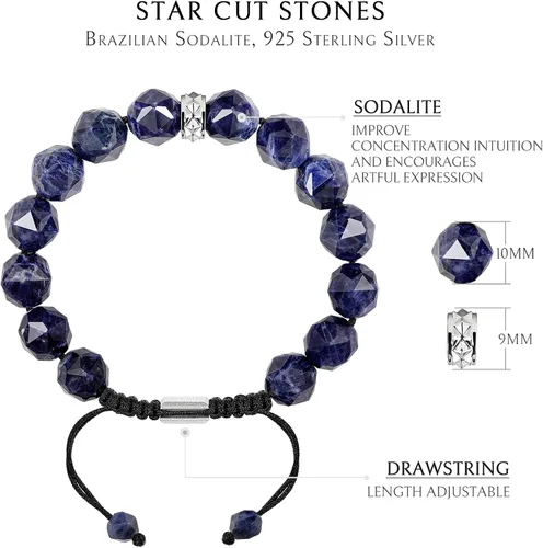 Vista 4 de AWNL Men's Beaded Bracelet with Sterling Silver Charm Adjustable Drawstring 10mm Sodalite Red Tiger's Eye Natural Gemstone, 5.9''-7.5