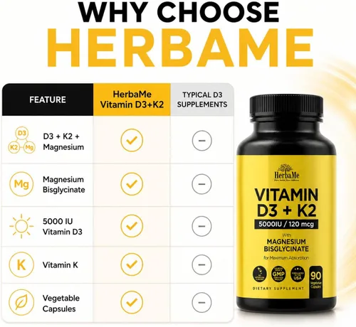 Vista 5 de HerbaMe Vitamina D3 5000 UI + K2 con fórmula de bisglicinato de magnesio