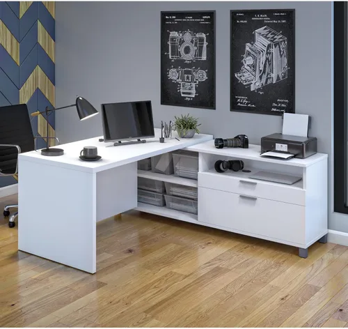 Vista 2 de BESTAR Pro-Linea - Escritorio en forma de L, 72 W, color blanco, mesa esquinera grande para oficina en casa, espacio de trabajo profesional, área