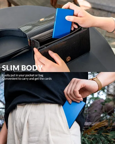 Vista 6 de VULKIT Tarjetero minimalista Pop Up Tarjetas RFID Protección Slim Metal Wallet, Azul, Minimalista