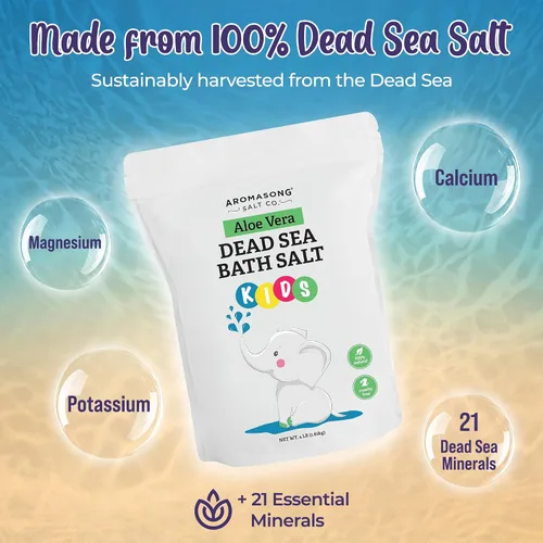 Vista 3 de Aromasong Sal del Mar Muerto para niños con aloe vera - Calmante, calmante y listo para dormir - Paquete resellable a granel de grano fino de 4