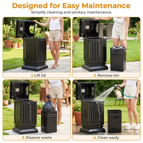 Vista 5 de BEAMNOVA Cubo de basura negro para exteriores, bandeja superior de acero inoxidable con tapa de bloqueo, contenedor de basura industrial resistente