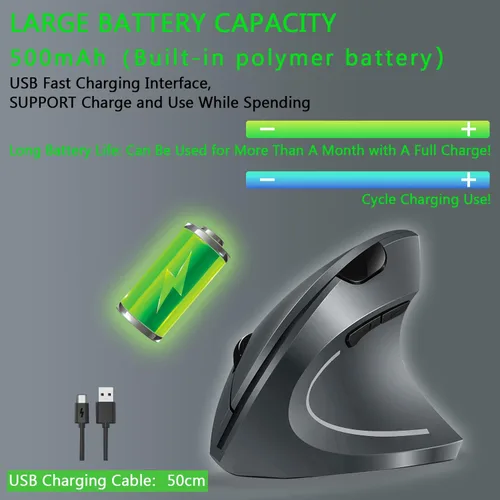 Vista 3 de Mcpiwohy Mouse ergonómico, mouse vertical óptico recargable USB mouse 2.4GHz inalámbrico con 6 botones, 3 ajustables 120016002400 DPI para laptop
