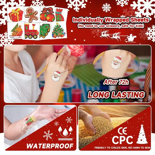 Vista 5 de EMOME 408 tatuajes temporales de Navidad, calcomanías de tatuaje con purpurina de Navidad para niños envueltas individualmente a granel, rellenos