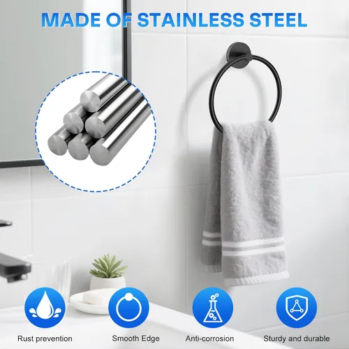 Vista 3 de Portatollas de Mano Atornillable Negro Mate Anillo para Toallas para Pared de Baño de Acero Inoxidable Colgador de Toallas Redondo para Accesorios