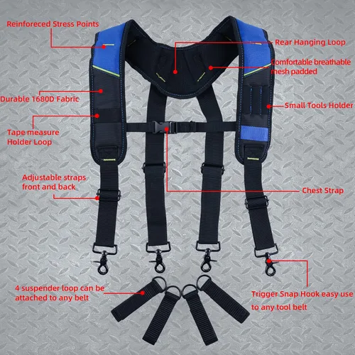 Vista 2 de KUNN Cinturón de herramientas con suspensión y pulsera magnética para carpintero, electricista, cinturón de herramientas, azul