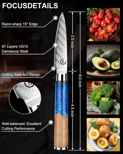 Vista 3 de Cuchillo de pelar de Damasco de 3,5 pulgadas, cuchillo de cocina japonés
