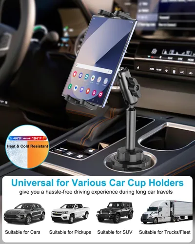 Vista 3 de Soporte para tablet para camión, soporte de aluminio resistente de 360° Fits Vehicle Cupholders 2.6"–3.94" in Diameter, Cup Holder Stand for iPad