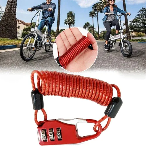 Vista 4 de Cerradura de casco rojo Portátil de acero Cable Lock 3 dígitos Contraseña Combinación Bicicleta Casco Cable Accesorios Bicicleta de montaña