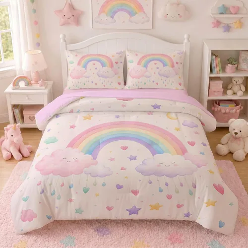Vista 30 de Juego de ropa de cama arcoíris tamaño individual, edredón reversible de 5 piezas para niñas con sábana de bolsillo profundo, diseño degradado