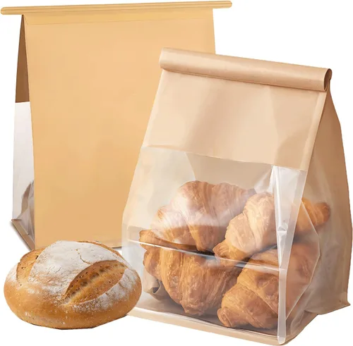 Vista 15 de 50 bolsas de pan con lazo de lata, bolsas para pan hechas de papel de algodón marrón, bolsa de embalaje de almacenamiento con ventana transparente