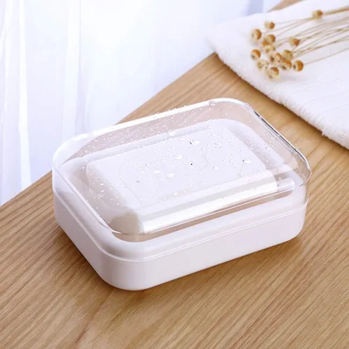 Vista 3 de Yardwe Bandeja de jabón de plástico con tapa transparente, soporte para jabón de drenaje para baño y cocina (beige blanco)
