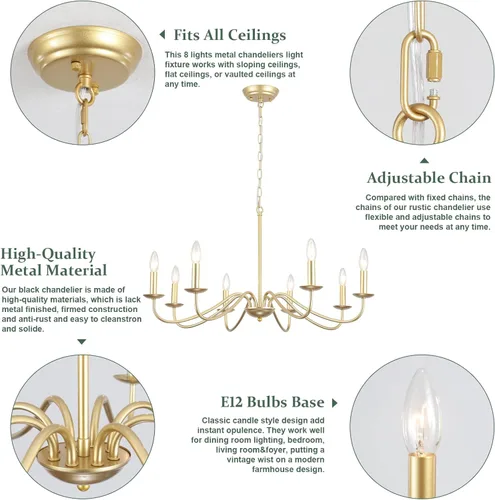 Vista 5 de Candelabro Dorado de 8 Luces Candelabro Moderno de Granja Accesorios de Iluminación Candelabro Colgante Rústico de Velas para Sala de Estar