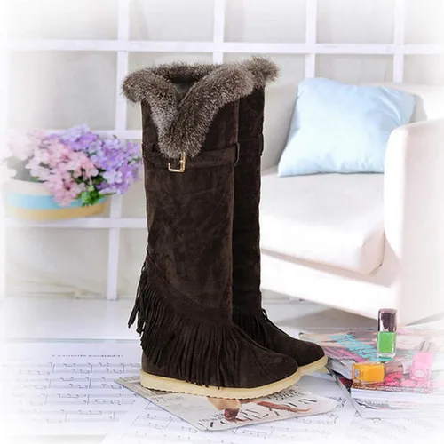 Vista 2 de Botas de nieve altas de invierno para mujer con hebilla de moda con flequillo impermeable de piel cálida ancha pantorrilla botas de nieve