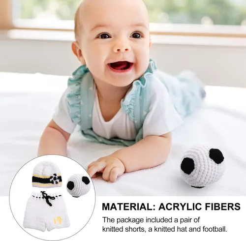 Vista 4 de NUOBESTY - Juego de 3 piezas de accesorios de fotografía para bebés recién nacidos de fútbol, ganchillo, traje para bebé, deporte, fiesta temática