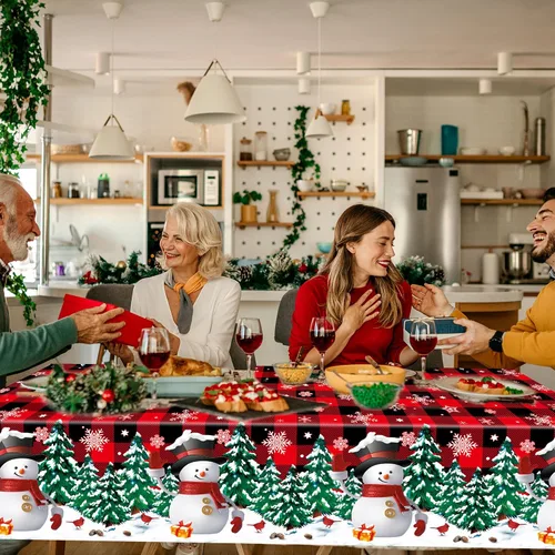 Vista 7 de 2 manteles de plástico desechables de Navidad con diseño de muñeco de nieve, mantel rectangular de Navidad con diseño de copo de nieve y búfalo