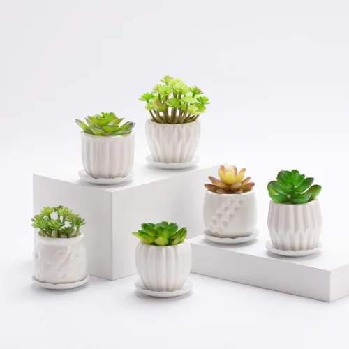 Vista 8 de B SEPOR Macetas de cerámica hechas a mano, mini maceta de arcilla para plantas pequeñas de interior, suculentas, cactus con bandeja de melamina