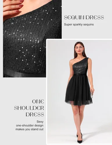 Vista 3 de BeryLove Vestido de lentejuelas para mujer, con purpurina brillante, un hombro, vestido de fiesta, club, vestido de fiesta bodycon vestido