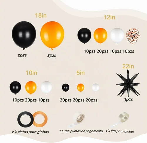 Vista 2 de Kit de arco de 161 globos de color negro, blanco y naranja, con 3 globos de papel de aluminio en explosión de estrellas para cumpleaños, graduación