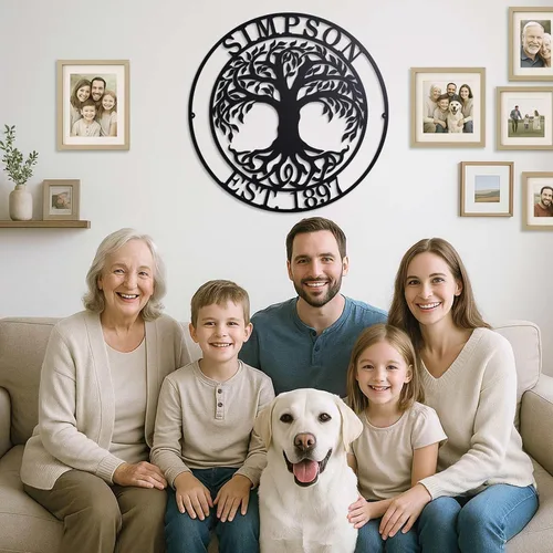 Vista 3 de Letrero de árbol genealógico establecido con nombres de familia, letreros de metal personalizados en forma de árbol de la vida para decoración