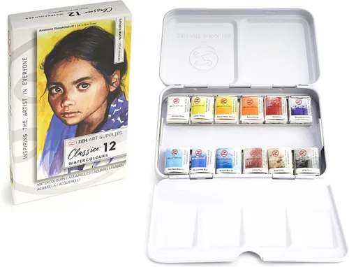 Vista 7 de ZenART - Pintura de acuarela profesional, no tóxica, juego de 12 medias bandejas en paleta de lata de metal, juego de acuarelas de viaje portátil