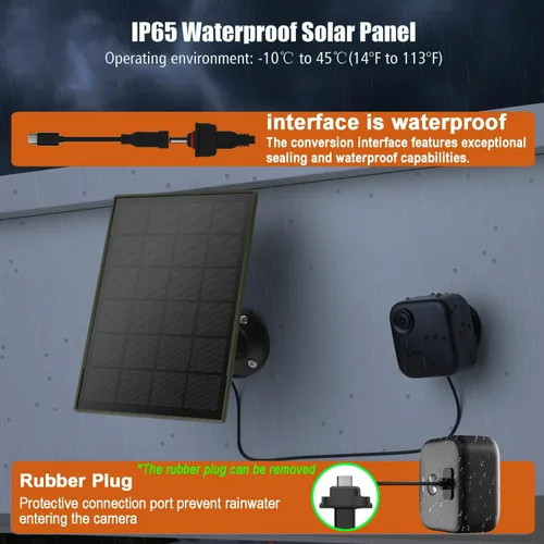 Vista 5 de Panel solar de 6000 mAh para cámara de seguridad Batería integrada de 3 W, micro USB de 5 V y USB-C y puerto CC de 0.138 in para cámara de batería
