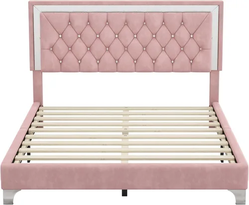 Vista 4 de Juego de muebles de dormitorio de 3 piezas, cama de plataforma tapizada tamaño Queen con luces LED y 2 mesitas de noche, cama de plataforma