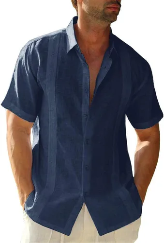 Vista 11 de Ryannology Camisas guayabera de lino de manga corta con botones para hombre, estilo casual, playa, campamento cubano, camisa mexicana para hombre