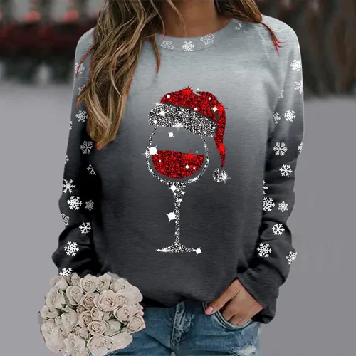 Vista 2 de Rvidbe Suéter feo de Navidad para mujer, estampado de copa de vino tinto, casual, cuello redondo, manga larga, sudaderas